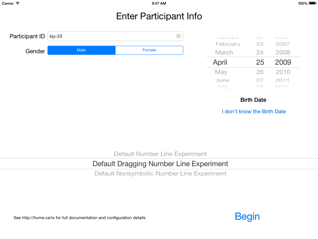 Screenshot of experiment selection