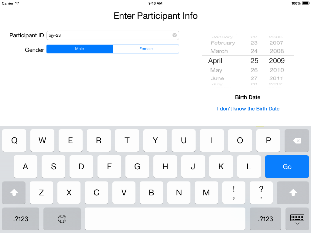 Screenshot of info entry screen